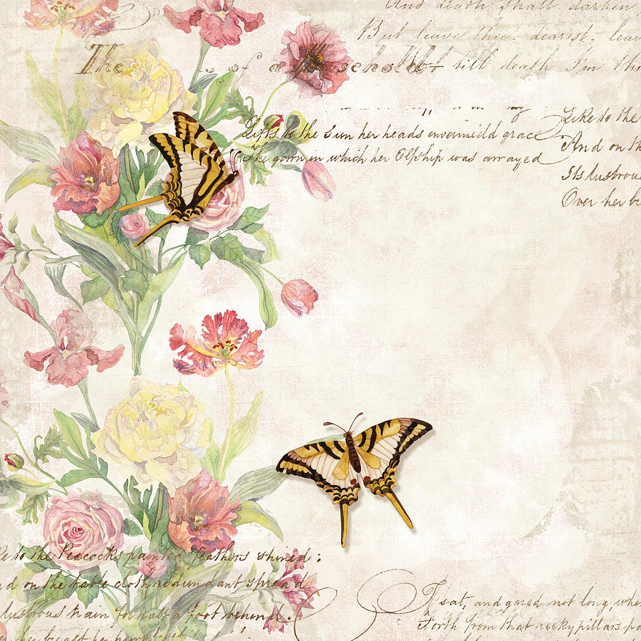 Fleurs de Pivoine - Watercolor w Butterflies in a French Vintage Wallpaper Style Painting by Audrey Jeanne Roberts