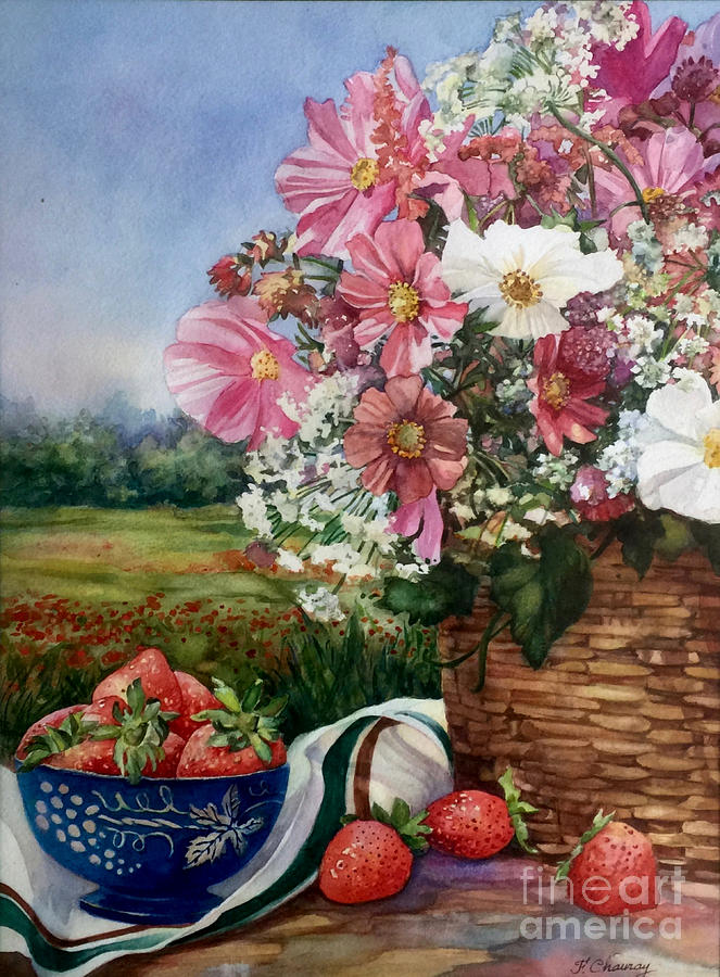 Fleurs et Fraises Painting by Francoise Chauray