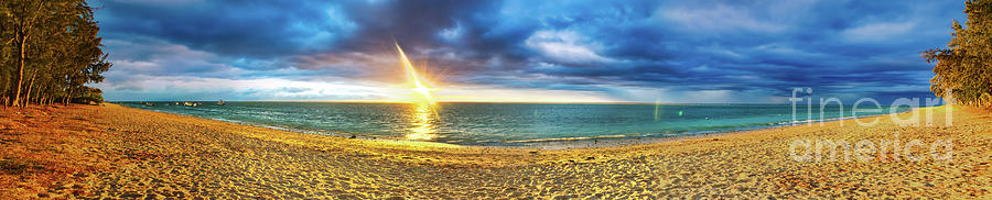 Flic En Flac Beach At Sunset. Panorama Photograph