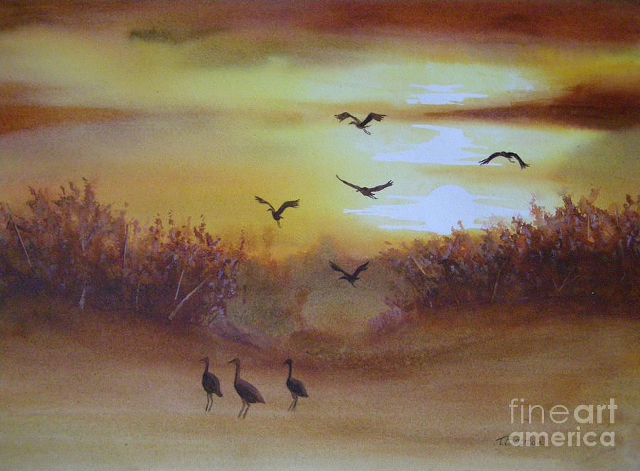 Sunset Painting - Flight of Cranes by Teresa Boston