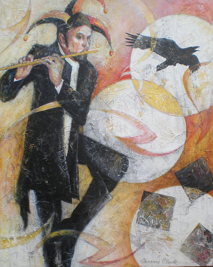 Crow Painting - Flight of the Crow - Jester Playing a Flute by Susanne Clark