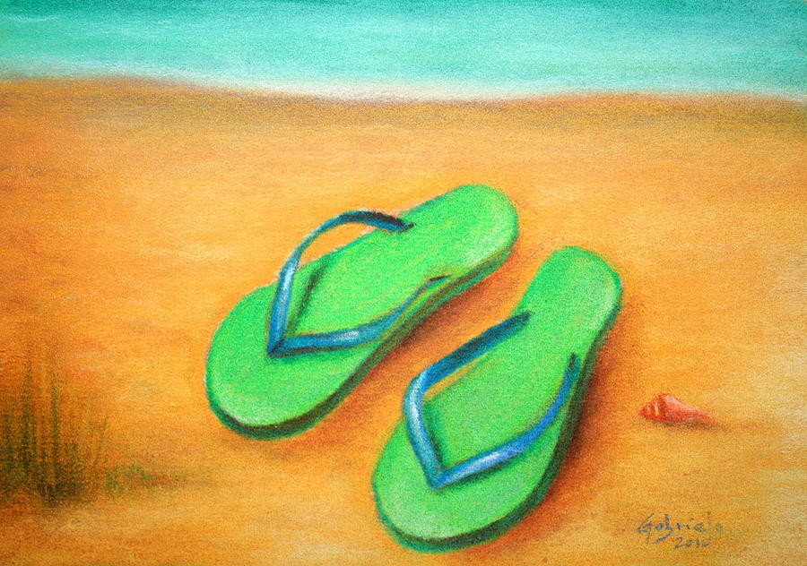 Flip Flops and seashell Pastel by Gabriela Valencia - Fine Art America