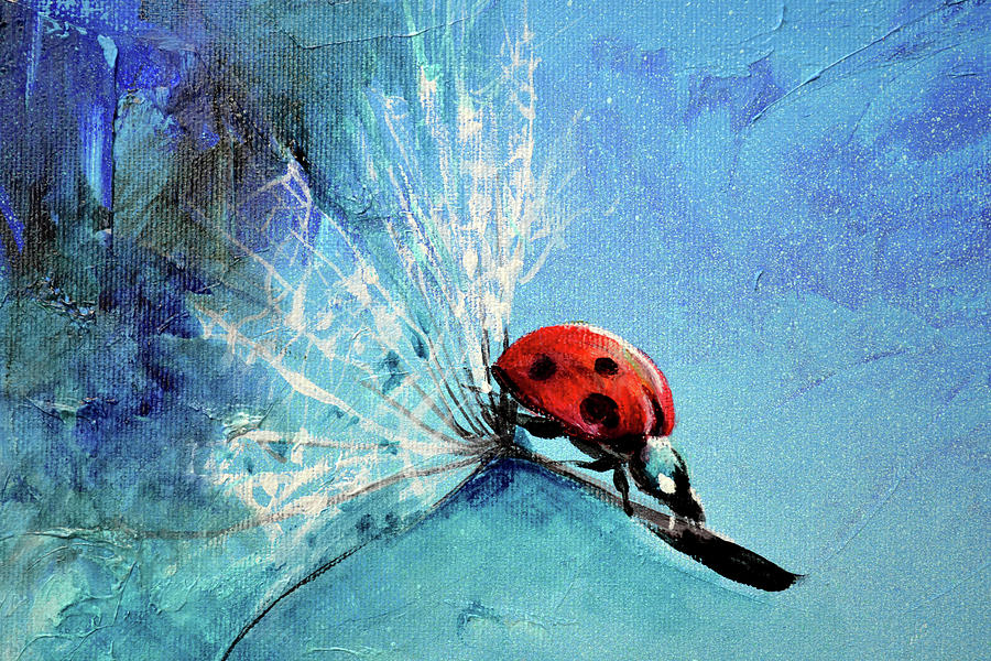 FLIRT - Ladybug on Dandelion Seed Painting by Soos Roxana Gabriela Art Print Painting by Soos Roxana Gabriela