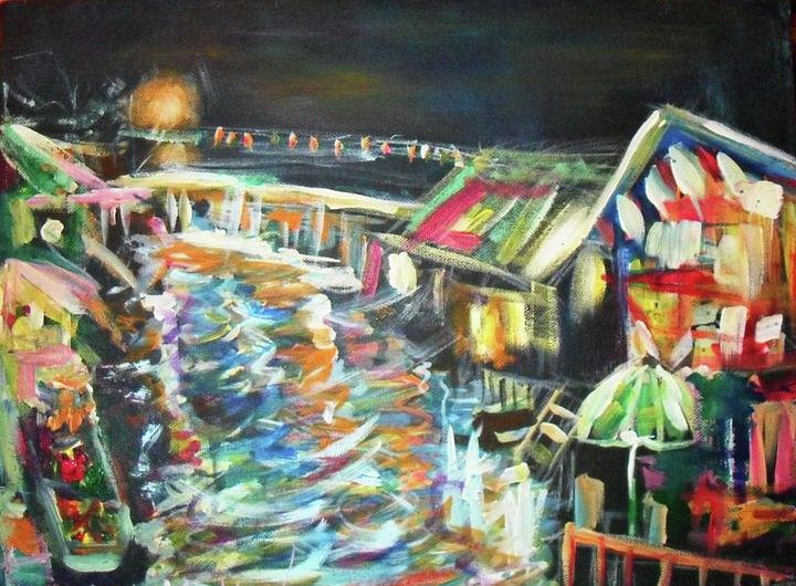 Floating Lights at Night Painting by Wanvisa Klawklean