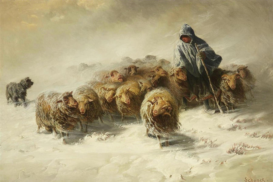 Snow Painting - Flock Of Sheep In The Storm by Friedrich Schenck