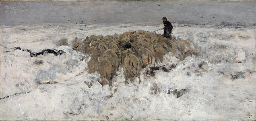 Flock of sheep with shepherd in the snow Painting by Anton Mauve