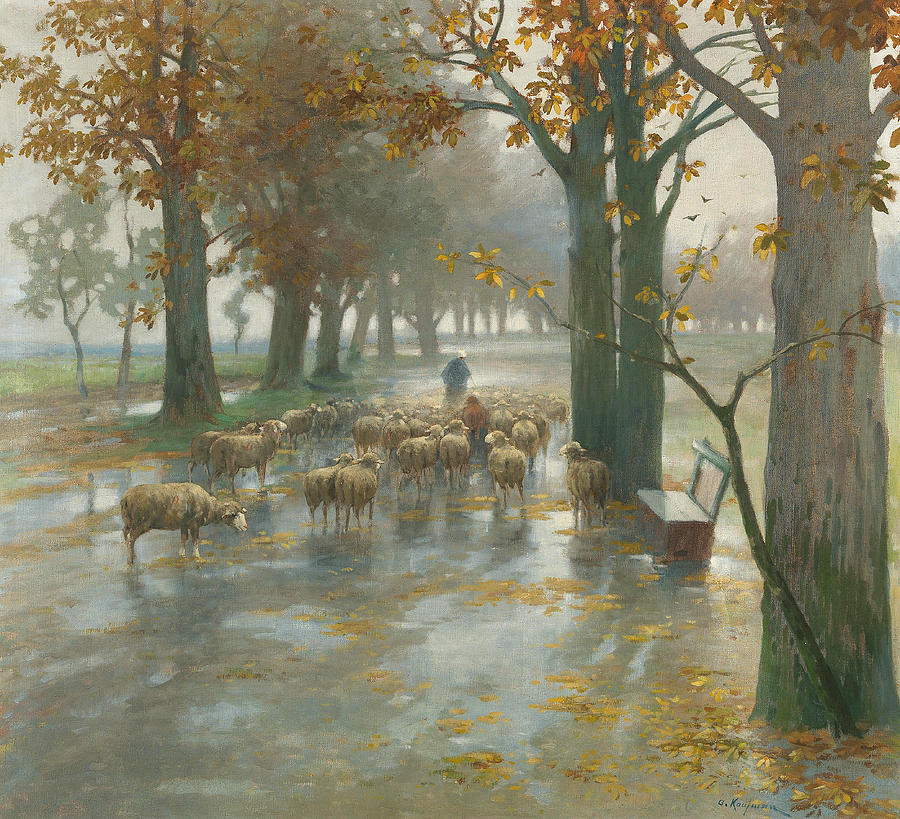 Flock of Sheep with Shepherdess on a Rainy Day Painting by Adolf Kaufmann
