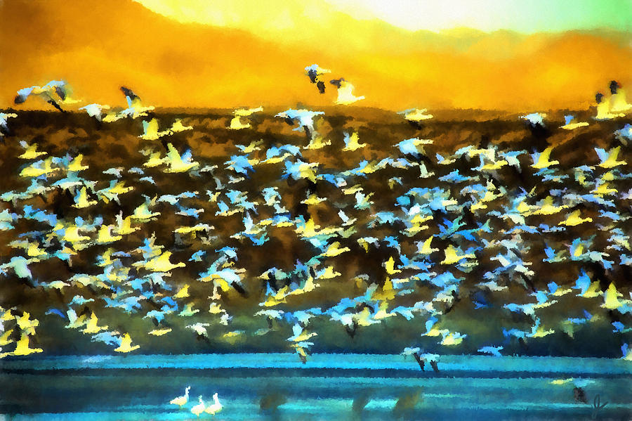 Flock Over Water Painting