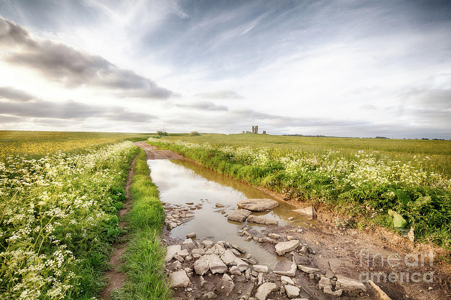 Flooded road landscape leading to ancient ruin Photograph by Simon Bratt