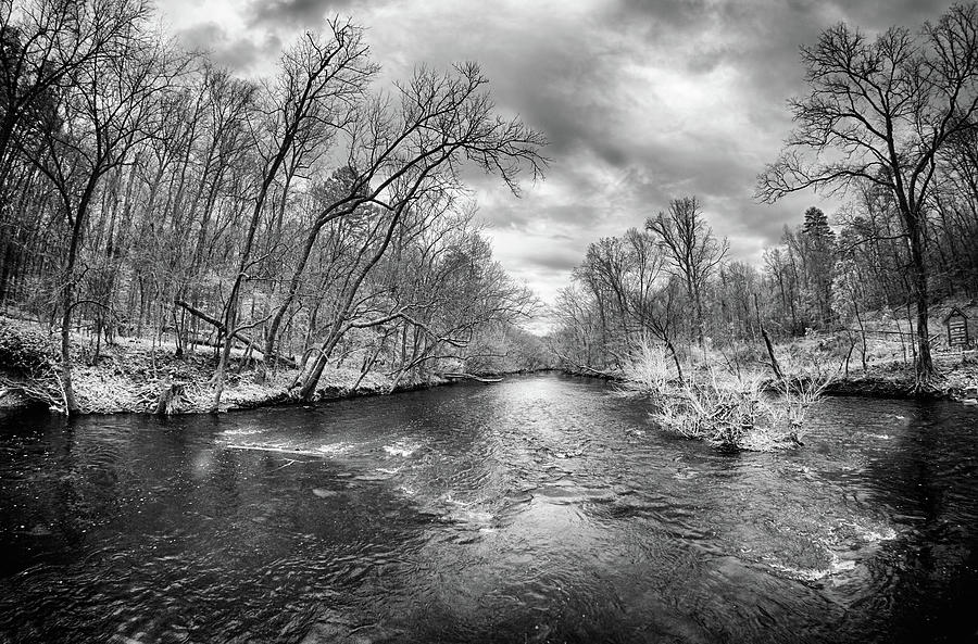 Flooded Uwharrie River in North Carolina BW Photograph by Dan Carmichael