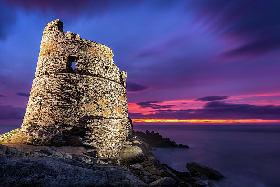 Floodlit Genoese tower at Erbalunga in Corsica at sunrise Photograph by ...