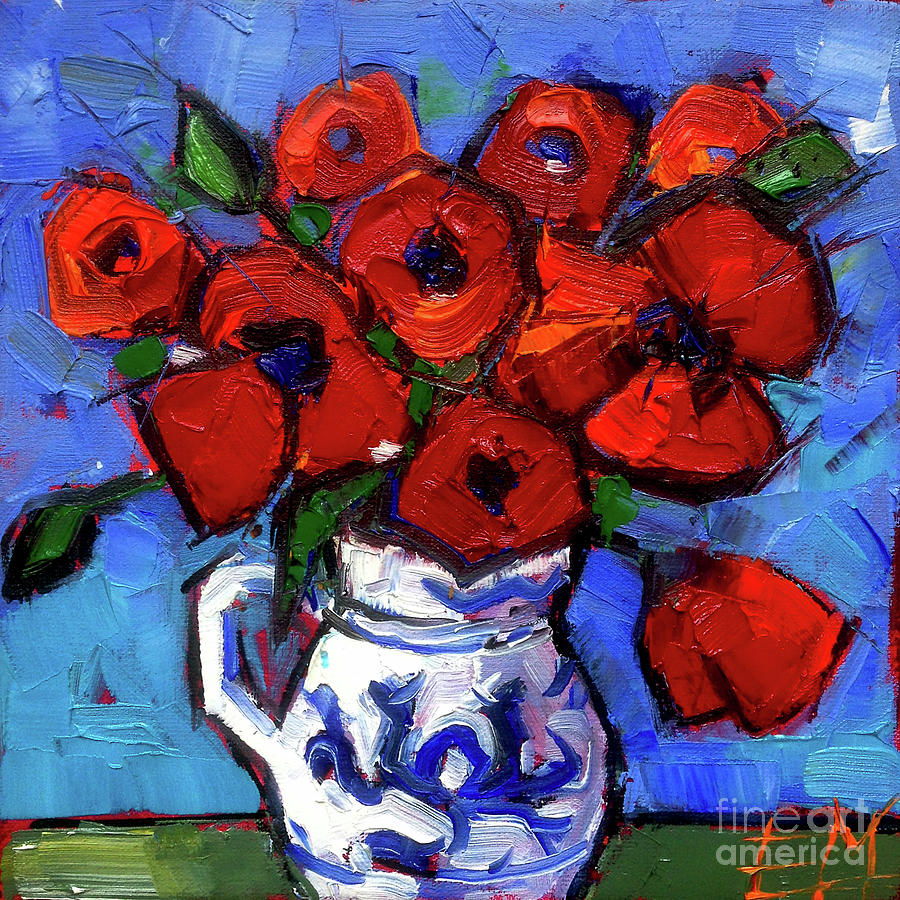 Floral Miniature - Abstract 0515 - Red Poppies Painting by Mona Edulesco