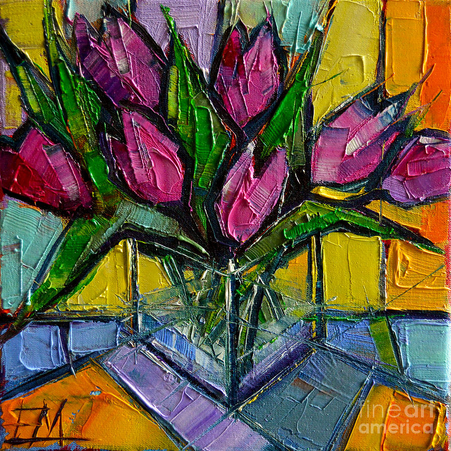 Floral Miniature - Abstract 0615 - Pink Tulips Painting by Mona Edulesco