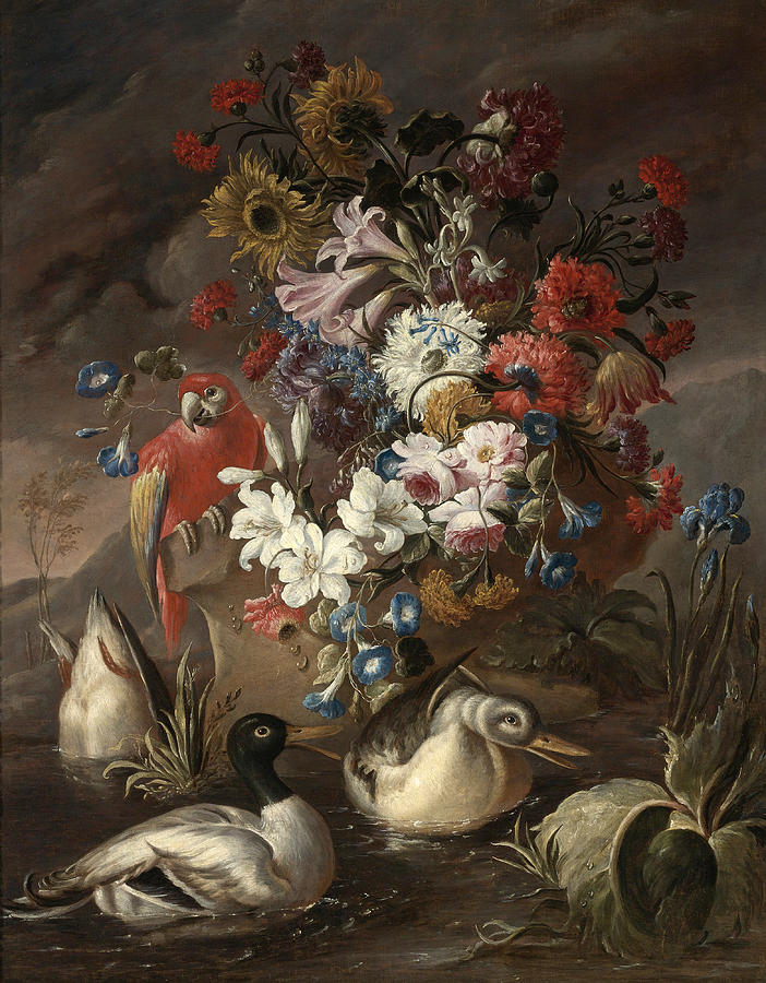 Floral Still Life with a Parrot and Ducks Painting by Andrea Belvedere