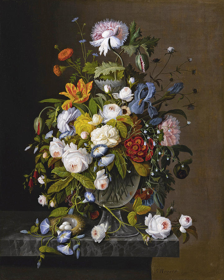 Floral Still Life with Birds Nest Painting by Severin Roesen
