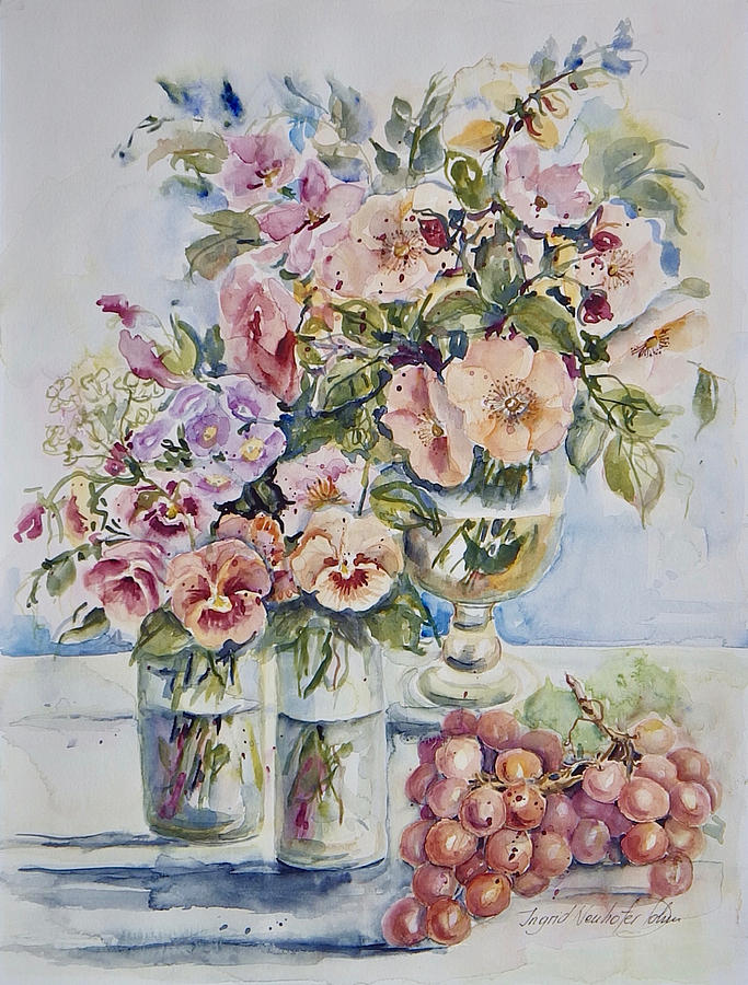 Floral Still Life with Grapes Painting by Ingrid Dohm