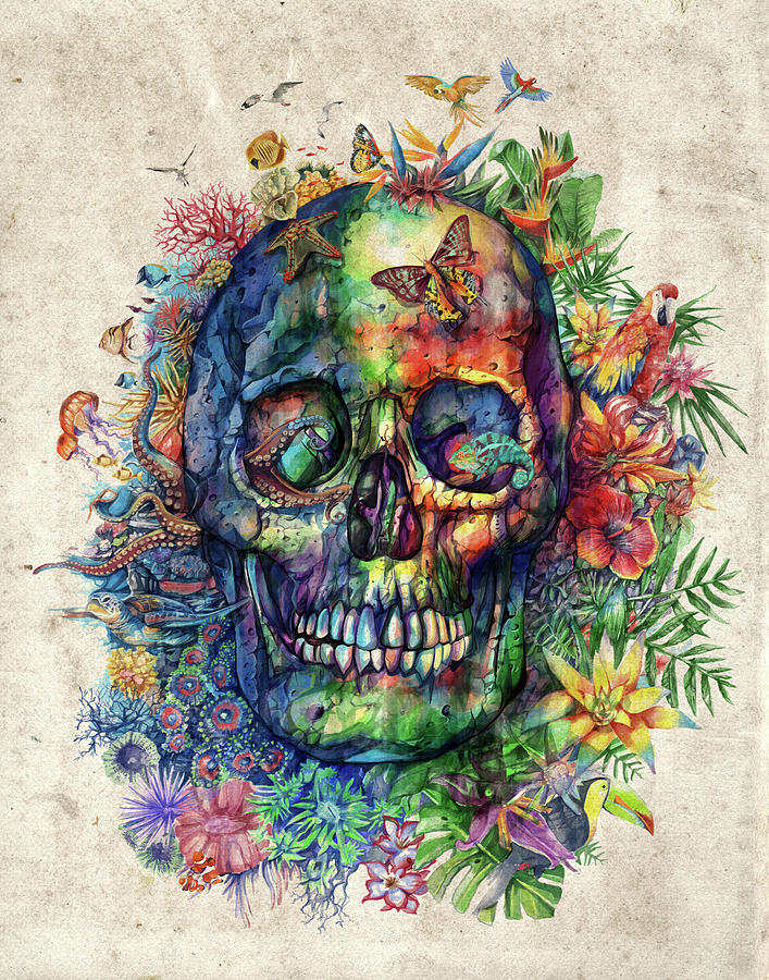 Floral Tropical Skull Painting by Bekim M