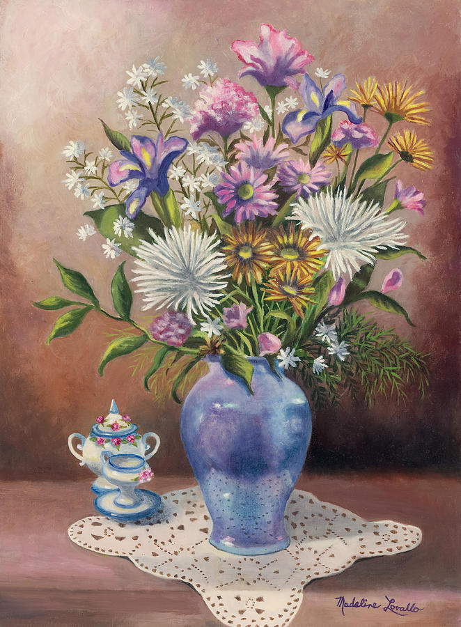 Floral With Blue Vase With Capadamonte Painting by Madeline Lovallo
