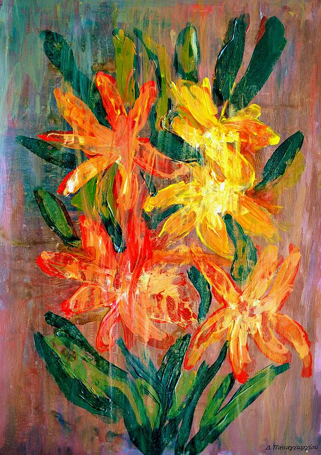 Abstract Painting - Floral Yellow Orange by Dimitra Papageorgiou