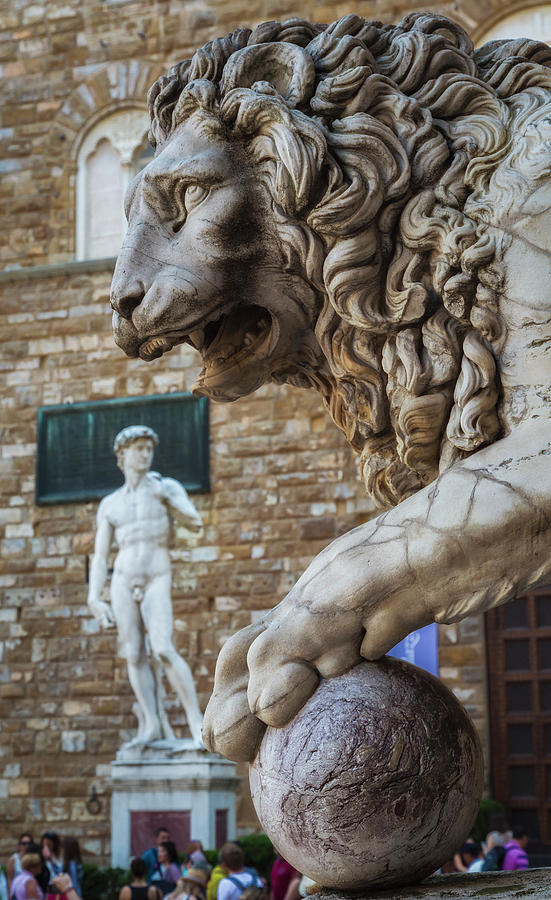 Michelangelo Photograph - Florence, Italy. Medici lion and David. by Ken Welsh