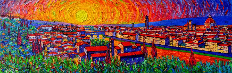 FLORENCE PANORAMA AT SUNSET impressionist knife oil painting Italy abstract city Ana Maria Edulescu Painting by Ana Maria Edulescu