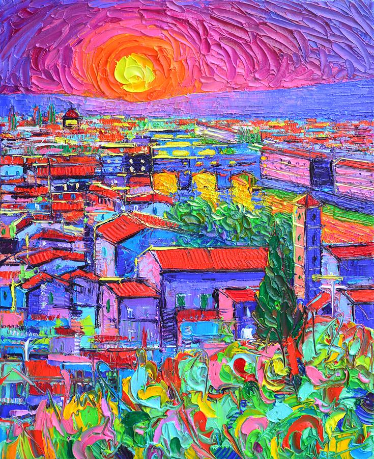 FLORENCE SUNSET OVER PONTE VECCHIO abstract city impressionism knife oil painting Ana Maria Edulescu Painting by Ana Maria Edulescu