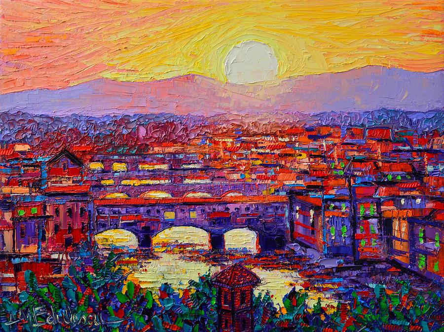 Florence Sunset Over Ponte Vecchio Abstract Impressionist Knife Oil Painting By Ana Maria Edulescu Painting by Ana Maria Edulescu