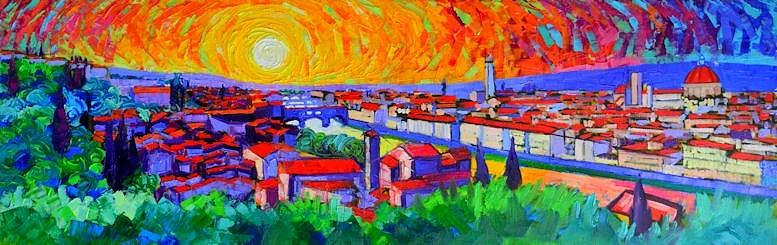 FLORENCE SUNSET PANORAMA abstract cityscape impasto palette knife oil painting by Ana Maria Edulescu Painting by Ana Maria Edulescu
