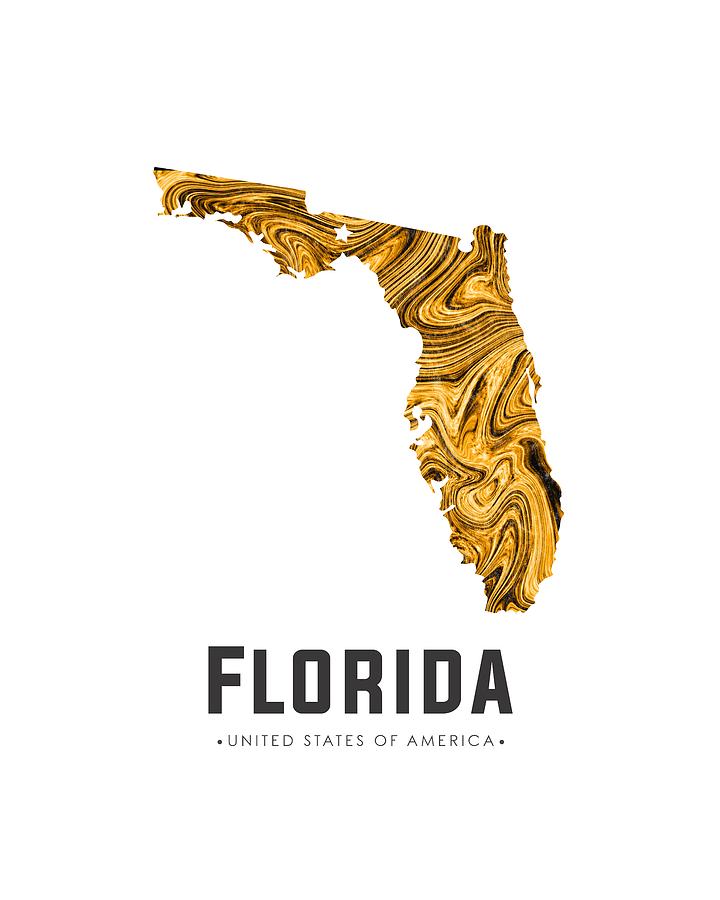 Florida Map Art Abstract in Yellow Gold Mixed Media by Studio Grafiikka