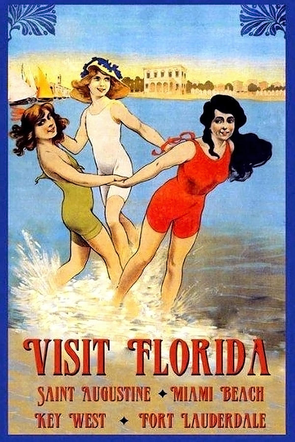 Florida, Miami beach, three women play in the water Painting by Long Shot