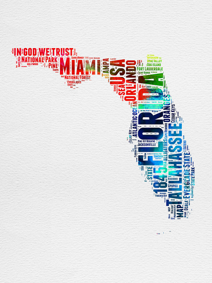 Florida Map Digital Art - Florida Watercolor Word Cloud Mao by Naxart Studio