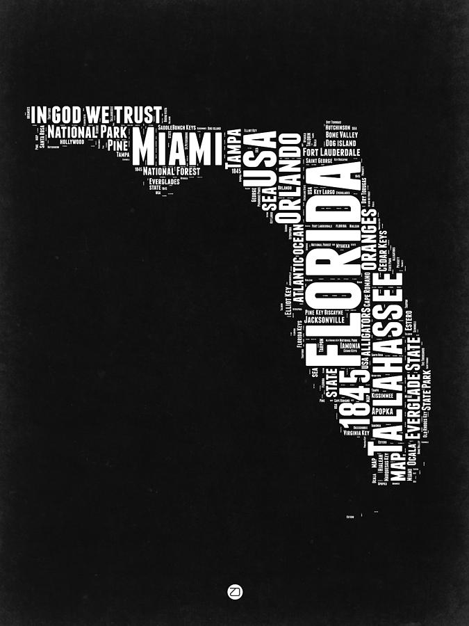 Independence Day Digital Art - Florida Word Cloud Black and White Map by Naxart Studio