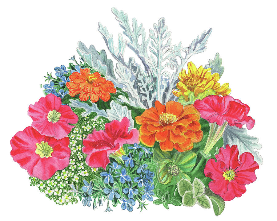 Flower Arrangement With Petunia Marigold And Sweet Allysum  Painting by Irina Sztukowski