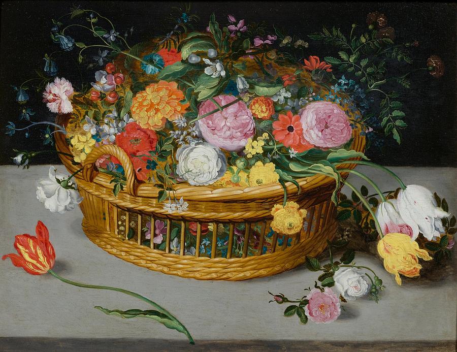 Flower basket on a table Painting by Celestial Images