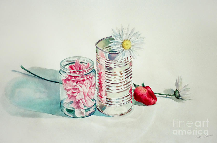 Flower in a jar and tin can with strawberry Painting by Christopher Shellhammer