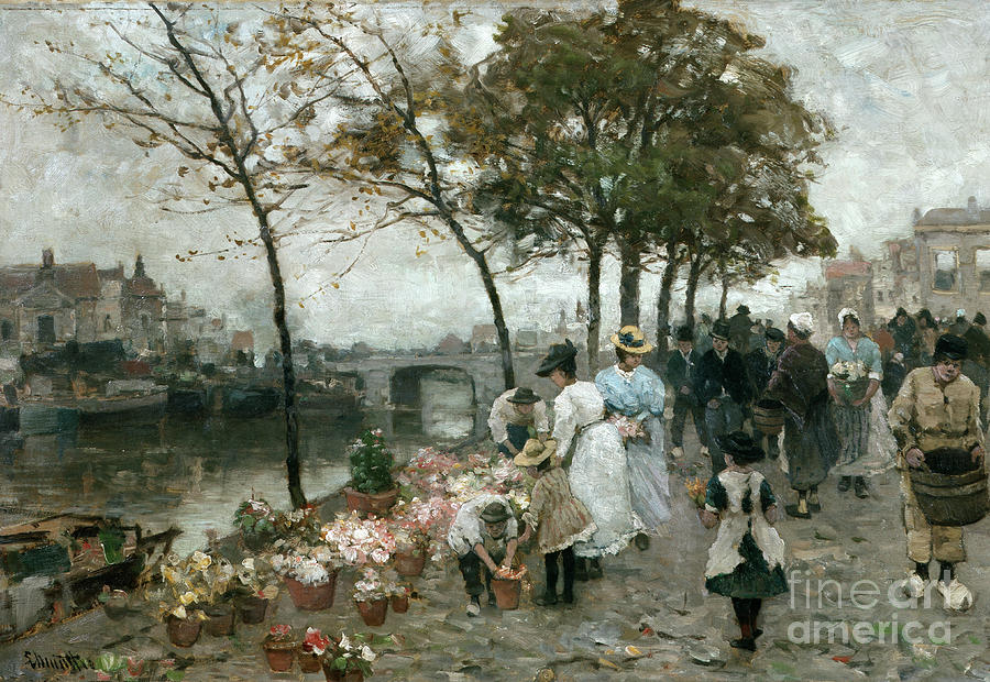 Flower market by the canal Painting by Ludvig Munthe