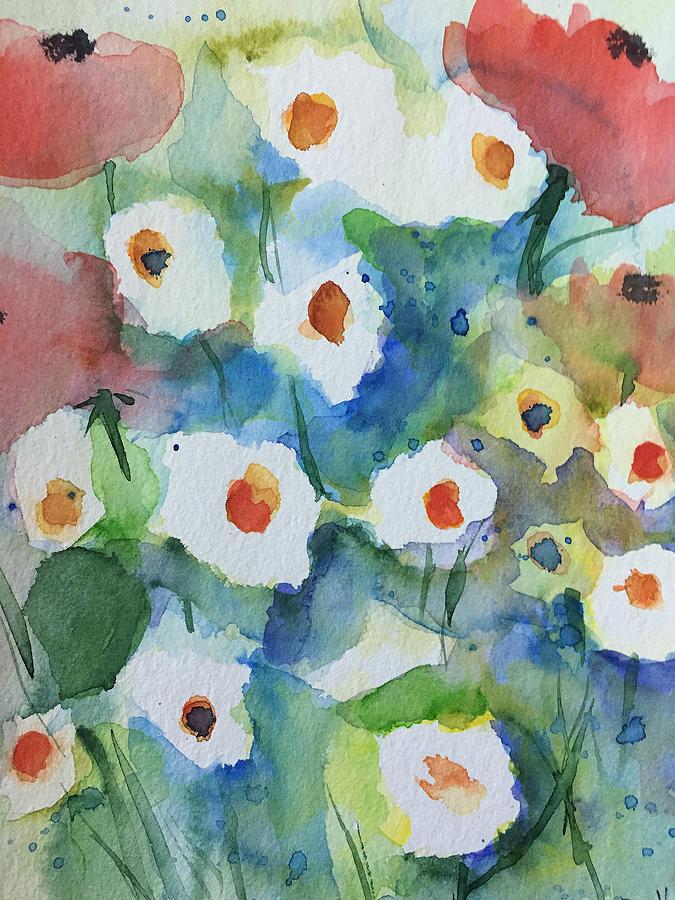 Watercolour flowers on the meadow Painting by Britta Zehm