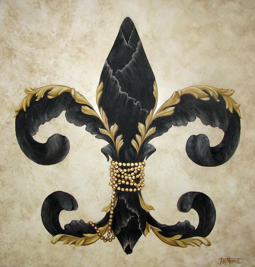 Fleur-de-lis Painting - Flower of New Orleans Black and Gold by Judy Merrell