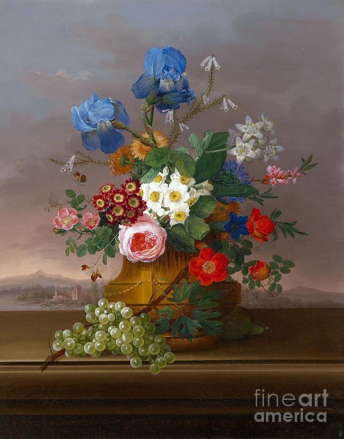Flower Piece with Grapes set against a landscape Painting by Celestial Images