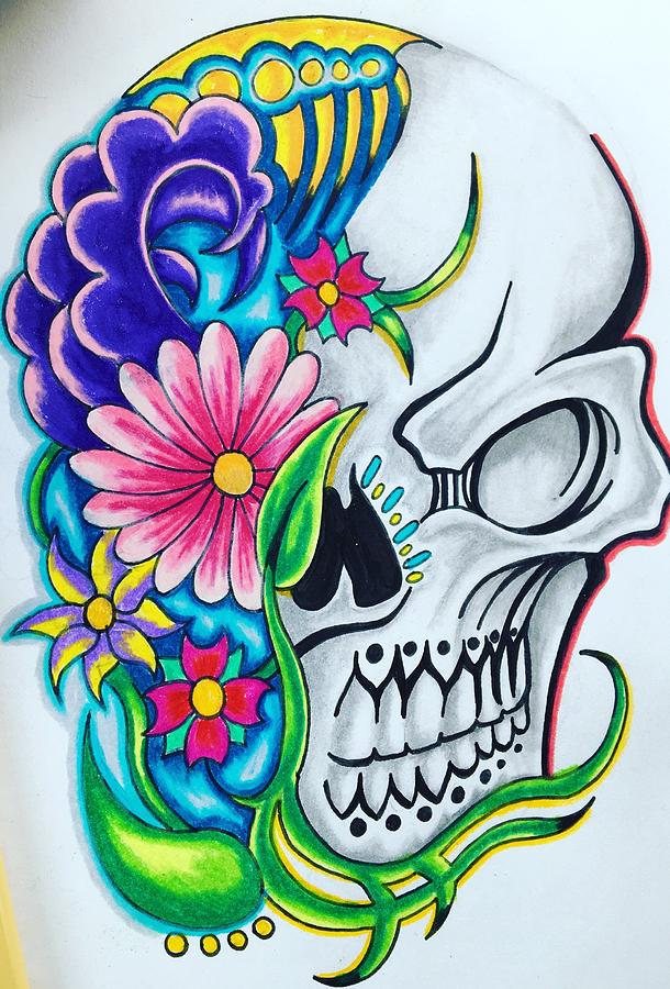 Skull And Flowers Drawing