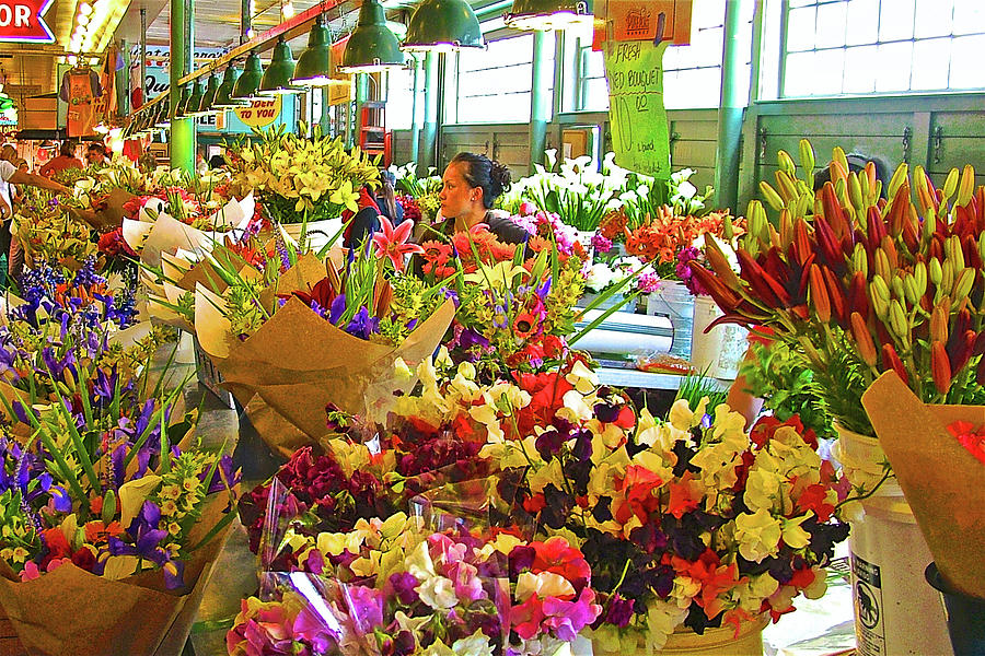 Flower Stands in Pike Street Market in Seattle, Washington  Photograph by Ruth Hager