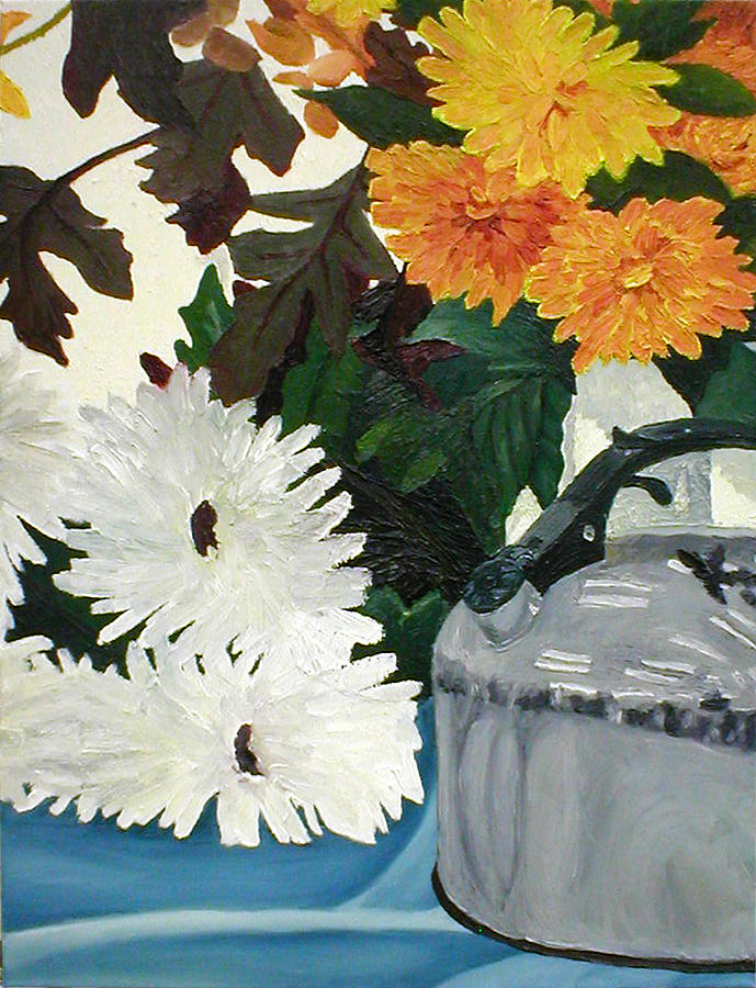 Flower Painting - Flower Still Life With Kettle by Beth Parrish