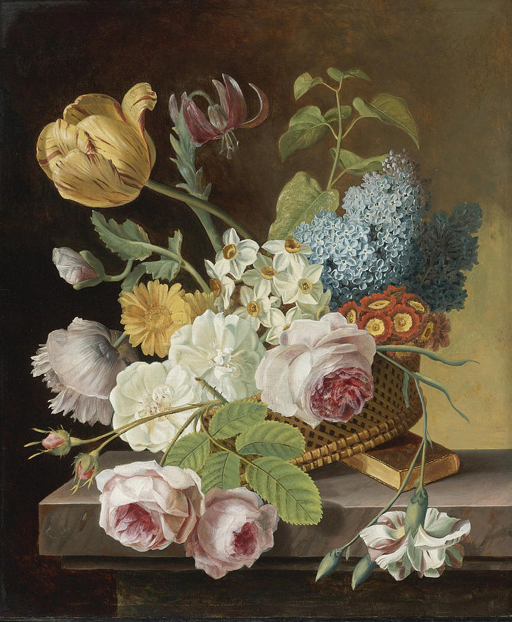 Flower Still Life with Roses Tulips Narcissi and other Flowers in a Basket on a Ledge Painting by Circle of Jan Frans van Dael