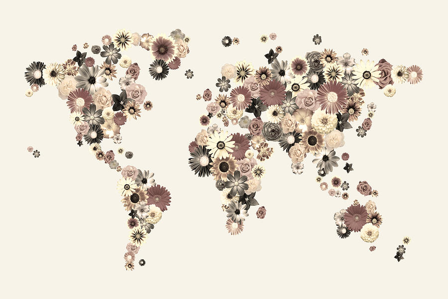 Flower World Map Sepia Digital Art by Michael Tompsett