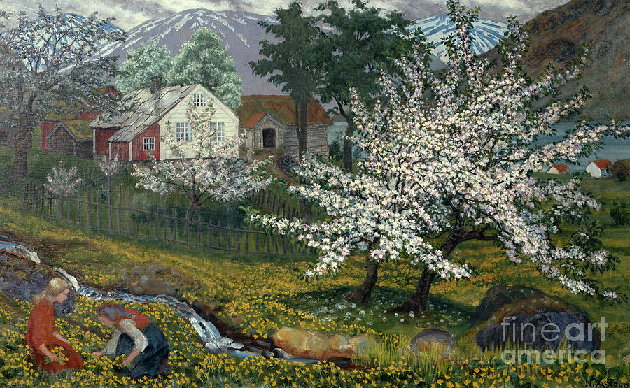 Flowering apple tree at Stroemsbo farm Painting by Nikolai Astrup