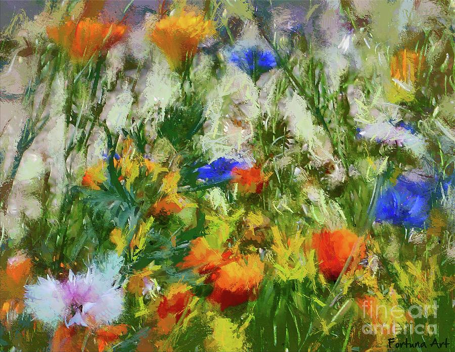 Flowering Meadow with Marigold, Cornflower and Dandelion Digital Art by Dragica Micki Fortuna