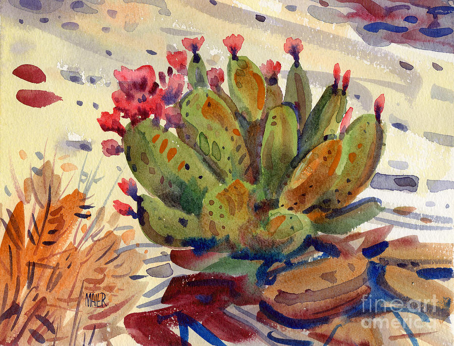 Opuntia Cactus Painting - Flowering Opuntia by Donald Maier