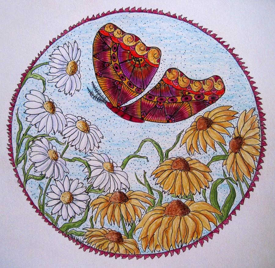 Flower Drawing - Flowers and a butterfly by Megan Walsh