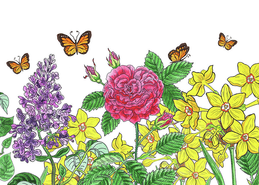 Flowers And Butterflies Watercolor Garden Painting