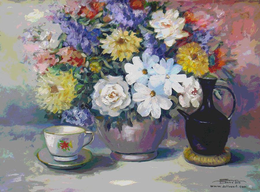 Flowers and coffee pot Painting by Samuel Daffa